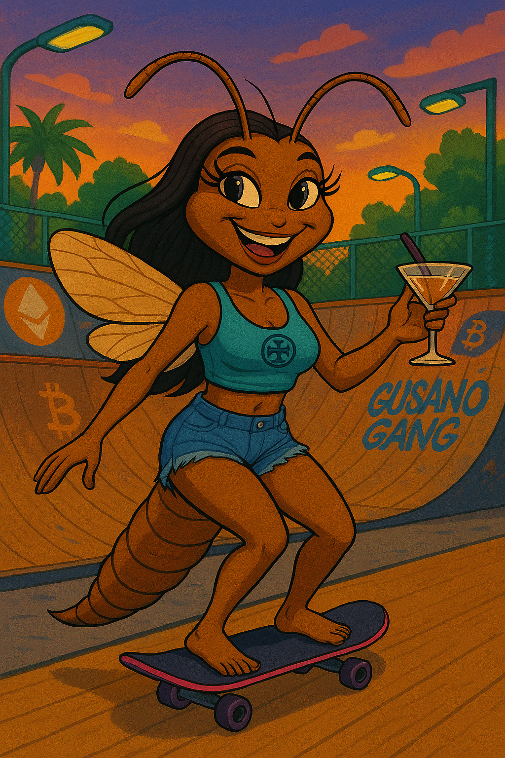 Sucia Beetle skateboarding at sunset